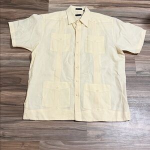 Fariani Linen Blend Guayabera Short Sleeve Button Shirt Cream Men’s Sz.L Collar